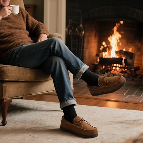Image of ULTRAIDEAS Men's Luke Moccasin Slippers Memory Foam Cozy House Slippers, Warm Comfy Slippers for Men, Indoor Outdoor Loafer Anti-Slip Home Shoes
