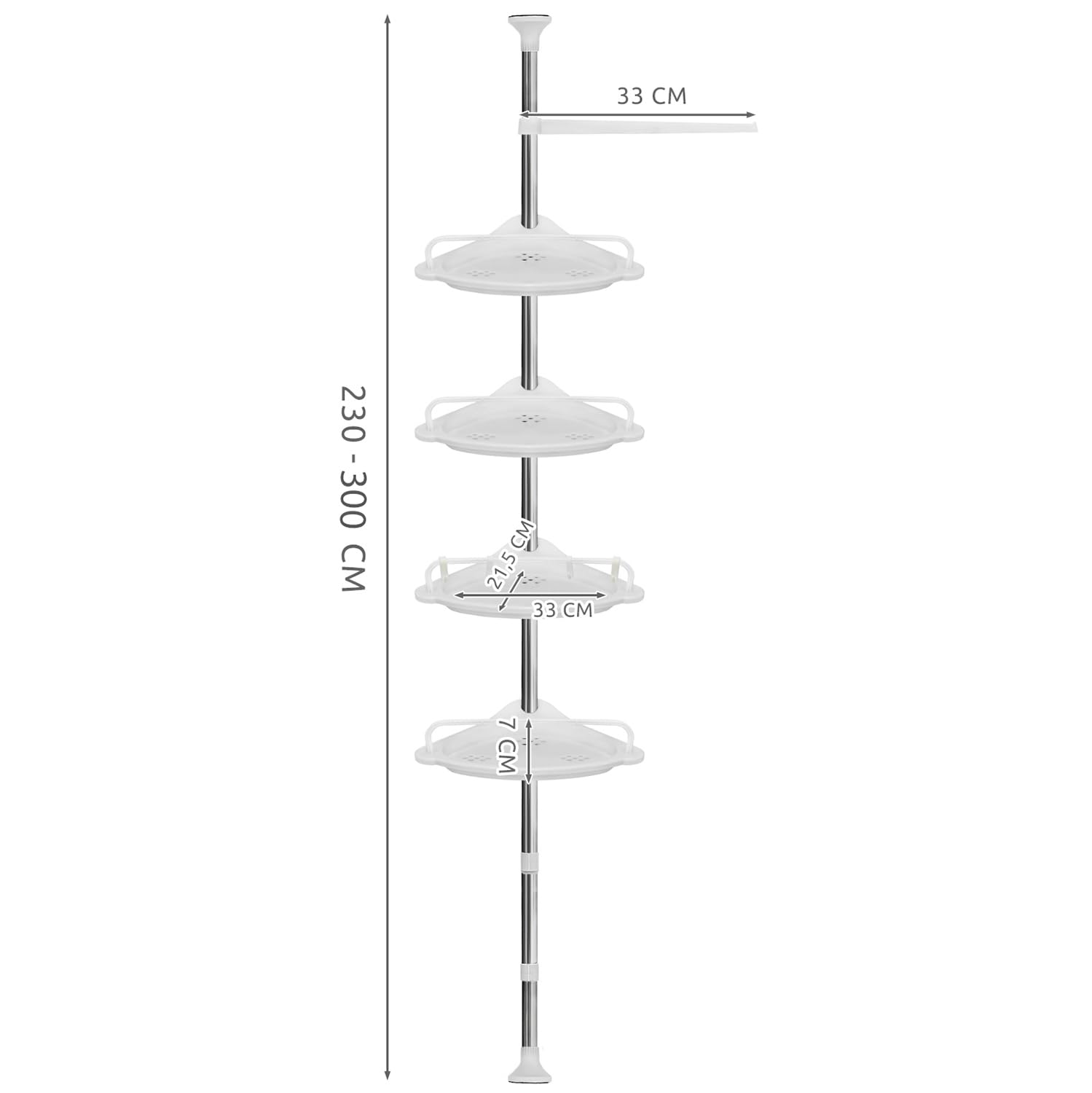 Ruhhy Regał prysznicowy, regał narożny, regał łazienkowy, 4 półki, uchwyt teleskopowy z regulacją wysokości 230-300 cm, biały 23369