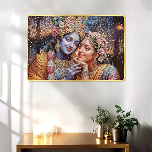 Image of Indianara Radha Krishna Painting With Golden Frame, 18 x 12 Inches, Religious Wall Art(10111GP)