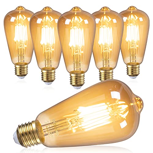 DiCUNO ST64 Edison LED Bulb 60W, 6W E26 Vintage Light Bulbs, Amber Warm 2200K, 600LM Medium Base LED Filament Bulbs for Decoration, Non-Dimmable, Amber Glass, CRI 80, Pack of 6 DiCUNO ST64 Edison LED Bulb 60W, 6W E26 Vintage Light Bulbs, Amber Warm 2200K, 600LM Medium Base LED Filament Bulbs for Decoration, Non-Dimmable, Amber Glass, CRI 80, Pack of 6