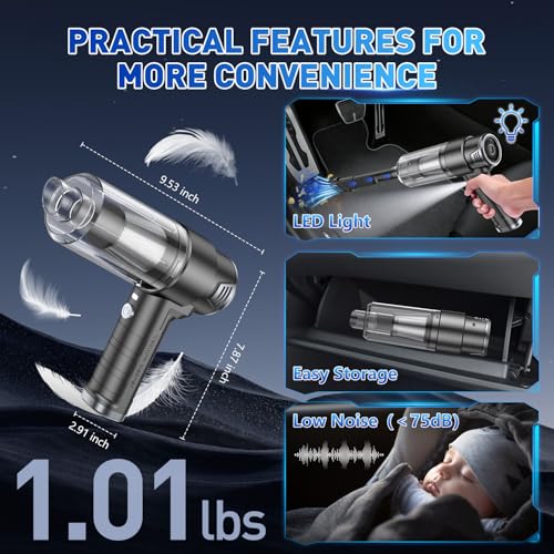 Image of KMM Handheld Car Vacuum Cleaner, 10000PA Vacuum Cleaner & Air Duster, 120W High Power Hand Held Vacuum Cordless, Portable Vacuum Rechargeable with Multi-Nozzles & LED Light for Car, Home, Pet, Office