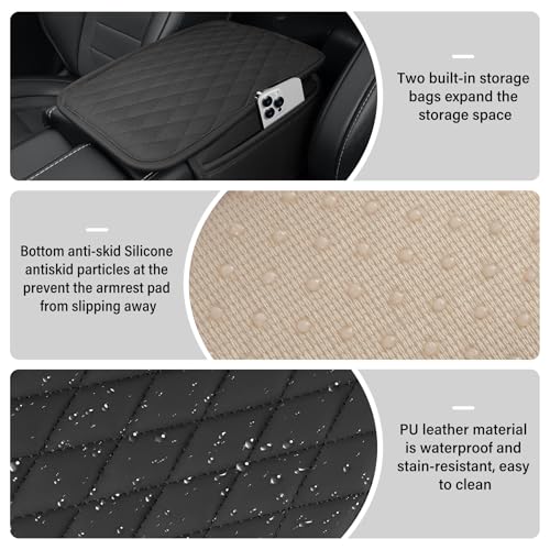 Amiss Car Center Console Cover, Upgraded Leather Car Armrest Cushion with 2 Storage Pockets, Universal Waterproof Cushion Pad, Non-Slip Car Interior Accessories, Fits Most Sedans SUVs Trucks (Black) - Image 3