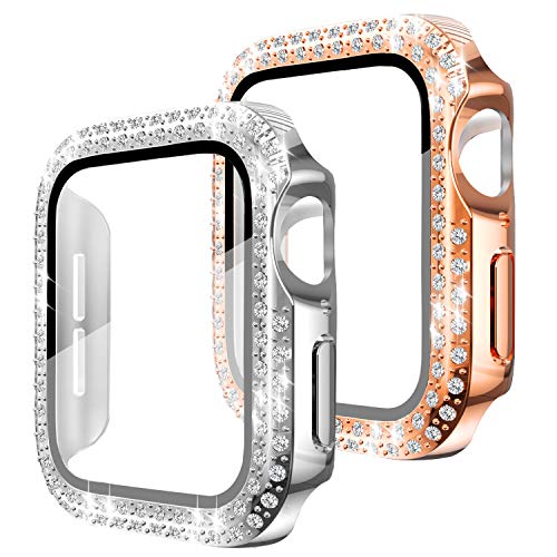 Quanerba (juego de 2) para Apple Watch 40mm 44mm Estuche con protector de templada HD incorporada Series SE/6/5/4 cubierta de diamantes de imitación para mujeres y niñas iWatch ((40mm, Plata+RoseGold) Cover