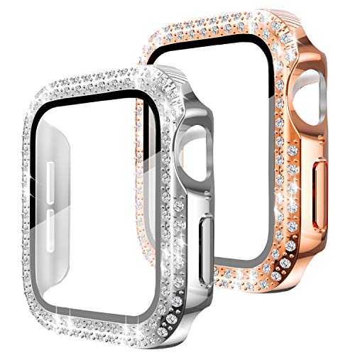 Quanerba (2 Pezzi) per Cover Custodia Apple Watch Serie 6 5 4 SE 40mm 44mm Sottile HD Clear Pellicola Protettiva per Apple Watch con Strass per Donne iWatch (40mm, RoseGold + Argento)