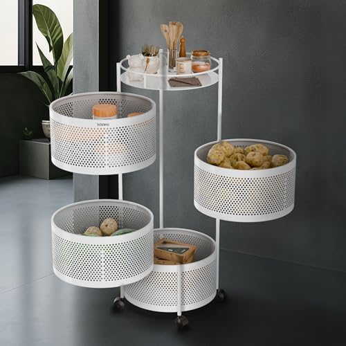 Image of Amazon Brand - Solimo 360 Revolving Preassembled Portable 4 Layer Round Multipurpose Storage Kitchen Rack Carbon Steel Fruit Vegetable & Spice Trolley with Wheels for Kitchen Organizer(Matte, White)