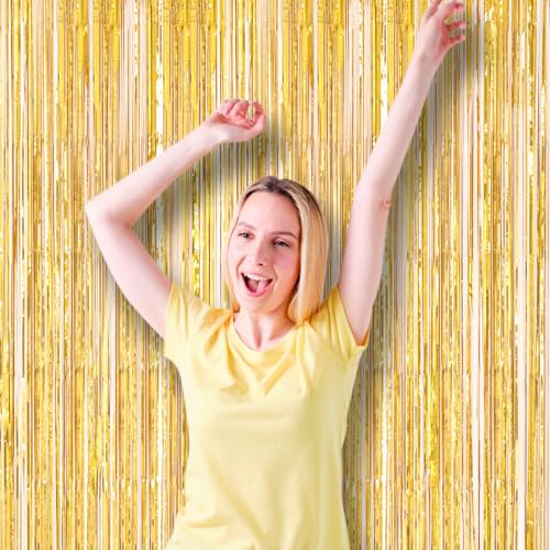 Image of Voircoloria 2 Pack Laser Gold Foil Fringe Backdrop Curtains, Tinsel Streamers Birthday Party Decorations, Fringe Backdrop for Graduation, Baby Shower, Gender Reveal, Disco Party