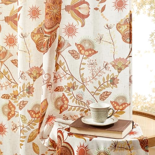 Image of Terracotta Floral Linen Curtains for Living Room Dining 96 Inches Long 2 Panels Back Tab Vintage Farmhouse Flower Pattern Window Drapes Semi Sheer Light Filtering Bedroom Burnt Orange Autumn Fall