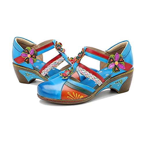 CrazycatZ Leather Mary Jane Shoes,Womens Colorful Block Heel Pumps Vintage Mary Jane Shoes Pumps2