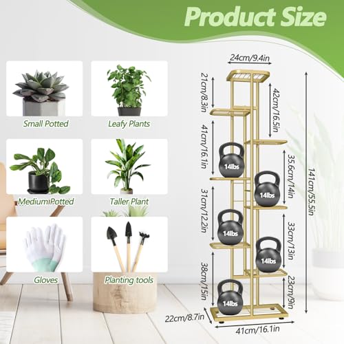8 Tier 9 Potted Gold Plant Stand Indoor with Gardening Tools and Gloves, Tall Metal Corner Plant Shelf Organizer Outdoor, Multiple Flower Pot Holder Display Rack for Patio, Garden, Balcony