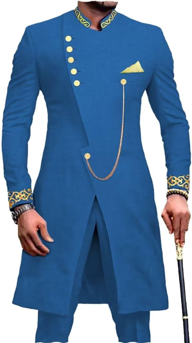 African Clothes Men`s Suit 2 Piece Set Ankara Embroidery Blazer Jacket and Pants Slim Fit Dashiki Outfit