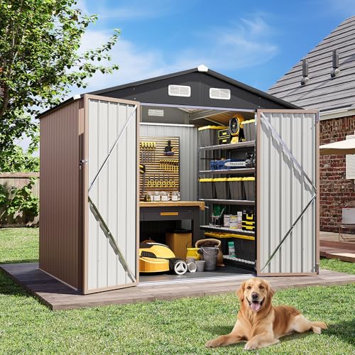 Aoxun Outdoor Storage Shed with Floor - 8x6 FT Metal Shed with Lockable Doors & Air Vents, Waterproof Outside Storage Shed for Tool, Garbage Can, Bike, Mower, for Backyard Garden Patio, Brown