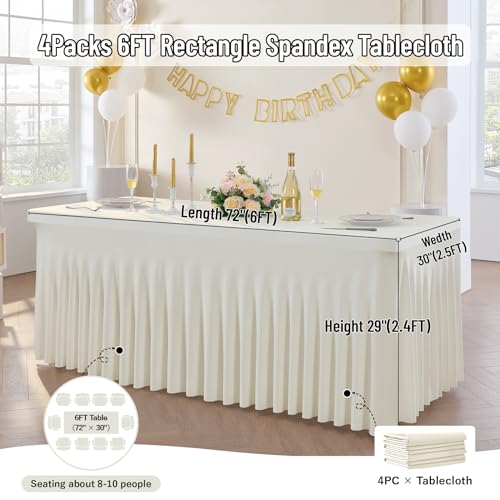 Image of Outpain 6ft Spandex Table Cloth for Standard Folding Tables-4Pack Ivory Table Cloth Table Protector for Party, Wedding, Cocktail, Banquet, Festival
