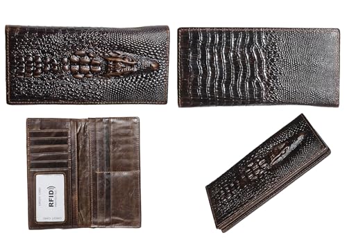 Genuine Leather Bifold Long Wallet for Men, Retro Vintage Embossed Clutch with Zipped Coin purse & Credit card Slots. RFID Blocking. Crocodile Head- Coffee3
