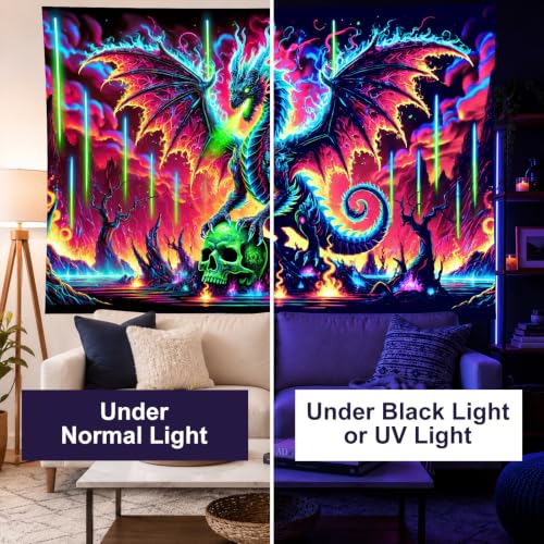 Image of BlissYard Dragon Tapestry Blacklight Tapestry 78x59 Inch UV Wall Hanging | Dragon Tapestry with Neon Dragon Skull Fantasy Scene for Gaming Room Bedroom Dorm and Trippy Wall Decor