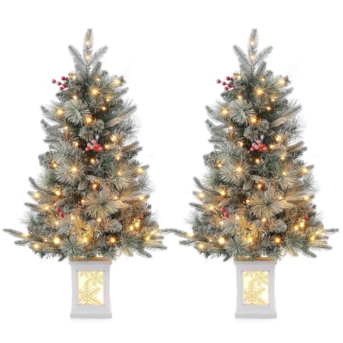 3 Ft Pre-Lit Tree with 78 Lights, White Base Artificial Tree with Timer & Berries, Tabletop Decor for Home or Office, Easy Assembly, Battery Powered