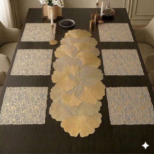 Image of Dakshya Industries PVC Waterproof Square Table Placemats & Table Runner Combo Set | 6 Dining Table Mats (38 x 38 cm) + 1 Runner (91 x 33 cm) | Heat Resistant, Washable, Non Slip (Prestige Luxe)