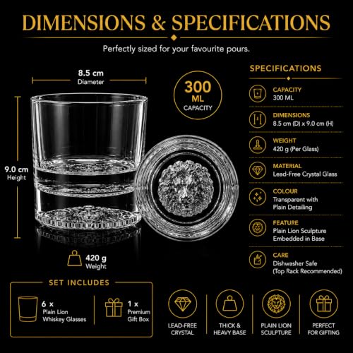 Image of Melbify Lion Whiskey Glass Set of 6 | 300 ml | Premium Animal Whiskey Glass with Lion Symbol | Unique Big Thick Rock Whiskey Glass Transparent