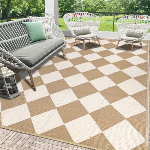 HEBE Checkered Outdoor Rug Waterproof 5x8, Reversible Plastic Straw Rug RV Camping Rug, Indoor Outdoor Patio Mat Clearance, Outside Carpet for Porch,Deck,Camper,Balcony,Backyard,Picnic