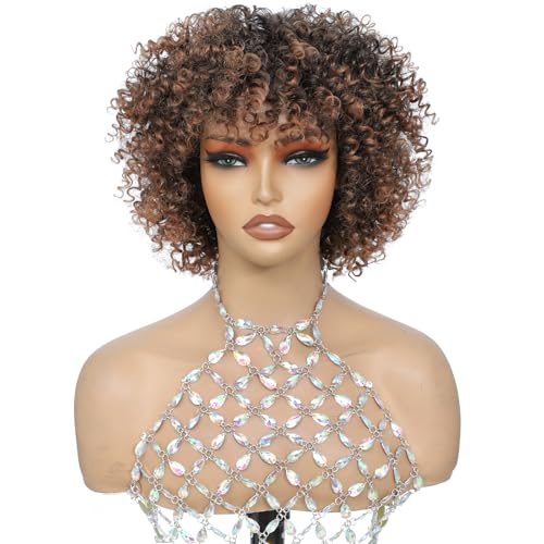 YOKABOOM Ombre Brown Highlight Short Curly Wig with Bangs 3C Curls Glueless Ready to Wear Friendly for Beginner Kinky Curly Wig Synthetic Afro Wigs for Women 1B/30