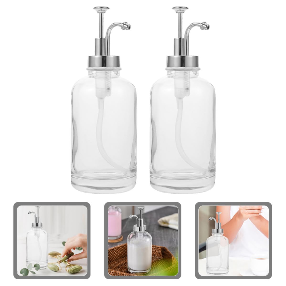 iplusmile Distributeur de Sirop à Café Acier Inoxydable et Pp 2pcs en Verre 500ml Pompe Argentée Design Unique Cuisine, Protège des Impuretés