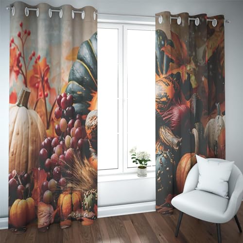 HOBBOY Thanksgiving Curtains Pumpkin Harvest Print Curtains Fruit & Vegetables Darkening Drapes for Bedroom Living Room Farmhouse Curtain 2 Panels 2X W38xL63in
