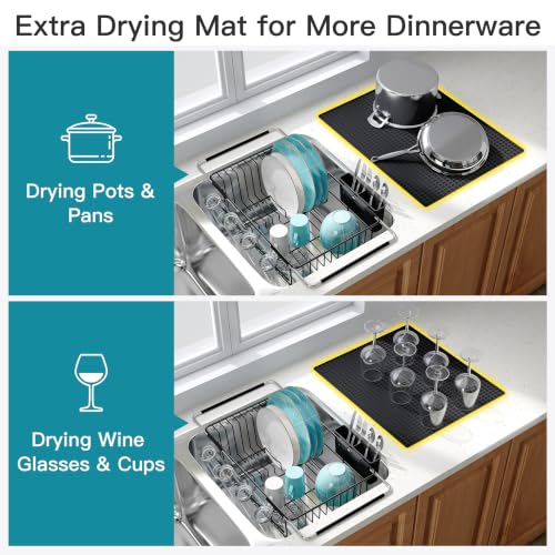 Image of JASIWAY Black Dish Drying Rack in Sink with Mat, Cups and Utensil Holder