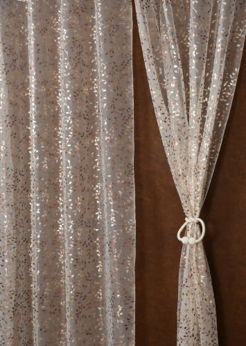 Image of Homefab India Multi Foil Transparent Sheer Curtain - 7 X 4 Feet, Door Curtains, Cream Leaf, Pack of 1 Piece