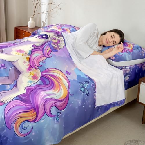 jejeloiu Night Purple Bed Sheets Set,Queen Size,Unicorn Flying Flower Clouds Printed Sheet with 16 Inch Deep Pockets,Girls Cute Unicorn Bedding,Dreamy Horse Printed Bedding Collection,All Seasons