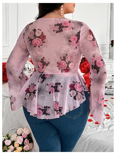 Floerns Women's Plus Size Floral Long Sleeve Tie Front Hanky Hem Mesh Blouse Tops3