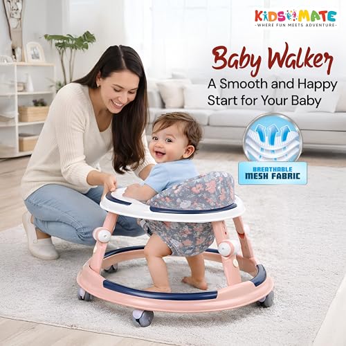 Image of Kidsmate Kiddo Baby Walker for Babies of Ages 6-24 Months | 3 Level Height Adjustable Baby Walkers, Seat Adjustment, 360 Rotating Wheels | Foldable Design & Soft Breathable Cushion Seat - Soft Pink