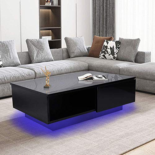 High Gloss Coffee Table With Led Light, Modern Cocktail Coffee Table Rectangle Contemporary Glossy End Table With Drawer Storage For Home Living Room Office Furniture, Black(110V) #TOP8