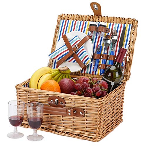 Cesta de picnic de mimbre para 2, juegos de cestas de mimbre, cesta de picnic hecha a mano para 2 personas con utensilios, cubiertos, perfecta para picnic, acampada con rayas de color