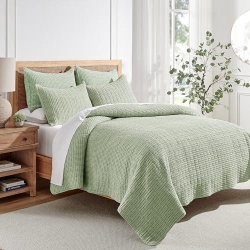 Image of Levtex Home Mills Waffle Full /Queen Quilt Set (88x92in) with 2 Pillow Shams (26x20in) - Desert Sage - 100% Cotton Full /Queen Size Quilt Bedding Set - Lightweight, Soft, Pre-Washed