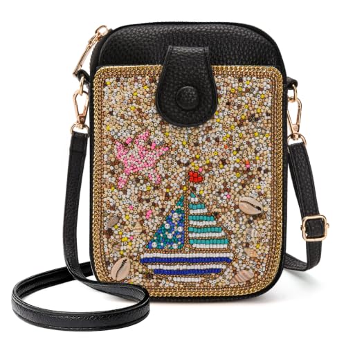 Image of Women's Small Crossbody Cell Phone Bag, Boho Colorful Beaded Purse Wallet with Handmade Cute Patterns