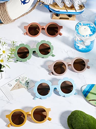 Dunzy 16 Pairs Kids Sunglasses Cute Round Flower Sunglasses Groovy Party Favors for Toddler Girls Boys Beach Party, Aged 3-104