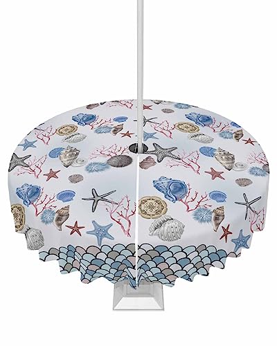 Coastal Outdoor Tablecloths with Umbrella Hole and Zipper, Summer Beach Ocean Nautical Shells Starfish Coral Waterproof/Stain Resistant Round Table Cloth 54'' Patio Table Cover for Picnic/Party