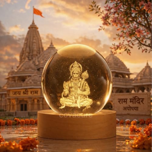 Image of COVACURE 3D Hanuman Crystal Ball Night Lamp, Solar System Hanuman Idol Crystal Ball Night Light, USB Table Colorful LED Wooden Base Lamp for Home, Office, Birthday Gift