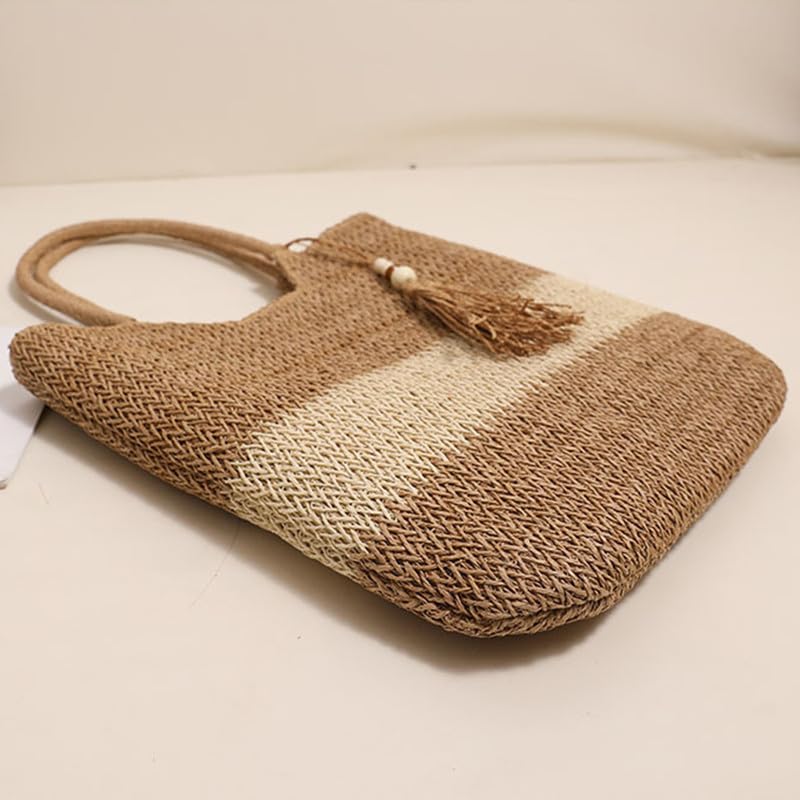 Womens Straw Beach Bag Woven Shoulder Bags with Tassels Rope Top Handle Purse Tote Shoulder Handbag for Summer Brown4