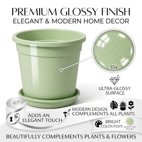 Image of 12 Inch Glossy Plastic Planter with Bottom Plate | Heavy Duty Flower Pot with Tray for Indoor Home Decor, Balcony, Living Room & Outdoor Garden (4 Pot, Mint Sparkle)