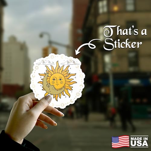 Image of Sun Face with Crescent Moon Vinyl Waterproof Sticker Decal for Laptop Water Bottle Antique Celestial Art Sticker 5 Inch