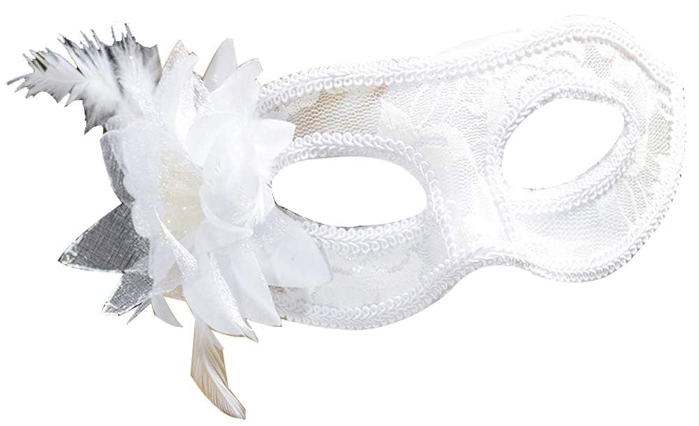 Men's Black Blue Gold Translucent Masquerade Half Face Mask with Side Feather Flower,White