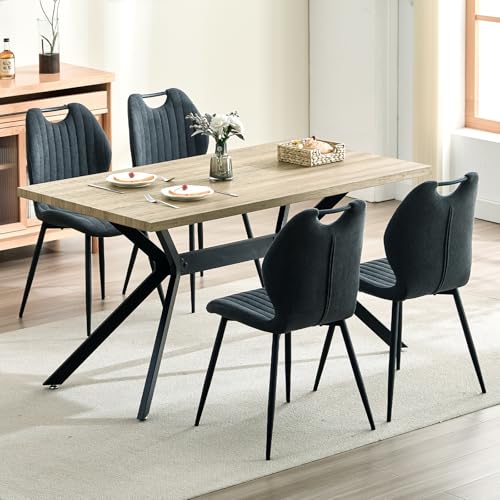 LEWE Esszimmergruppe Esstisch mit 4 Stühlen, 140 x 80 x 76 cm Rechteckig Esstisch aus Holz mit 4 Esszimmerstühle mit Hohe Rückenlehne, Schwarz Eisenbeine, für Küche Esszimmer und Wohnzimmer