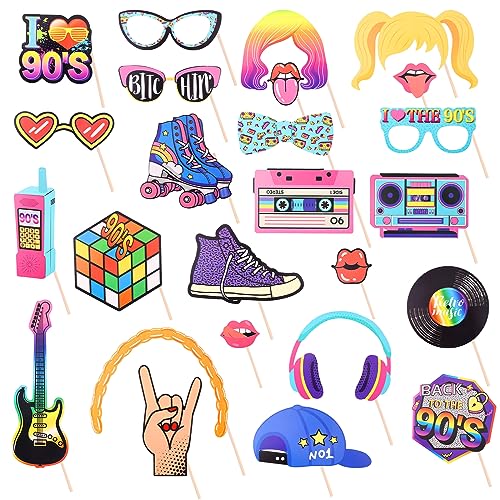 90s Photo Booth Props, 25 Pcs 90’s Theme Party Decorations Disco Hip Hop Retro Photo Booth Backdrop for Disco Birthday Bachelorette Decorations Party Supplies Adults Kids Bach to The 90s Favor