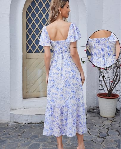 GLNEGE Women's 2025 Summer Midi Floral Boho Dresses Casual Flowy Beach Short Sleeve Dress Ruffle Hem Smocked Sundresses3