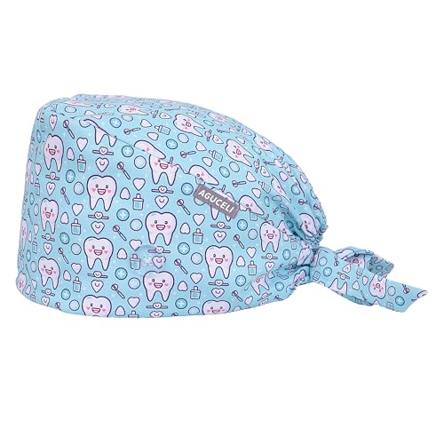 Aguceli Scrub Caps Women Adjustable Surgical Cap with Button Nurse Caps for Women with Hair Scrunchy Surgical Cap with Sweatband Lively and Lovely Cartoon Graffiti Patterns (Light Blue)