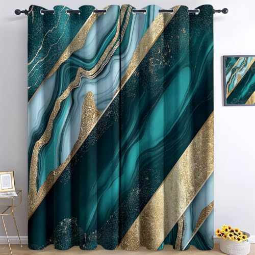 Genérico Cortinas Opacas Mármol Verde Dorado 117 x 138 cm Termicas Aislantes Frio y Calor Cortinas Salon Dormitorio 2 Piezas Cortinas 100% Blackout con Ojales Cortinas Dobles Opacas