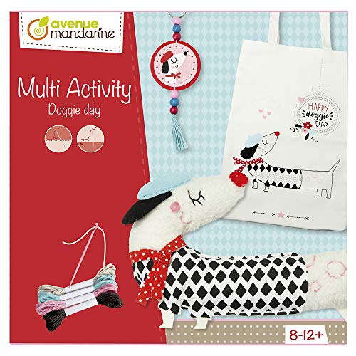 AVENUE MANDARINE - Kit Créatif Enfant - Initiation à la couture - DIY - 1 Chien Doudou à Coudre + 1 Porte Clé à Coudre + 1 Sac à Broder - Loisirs Créatifs dès 8 Ans - KC058C Doggie Day