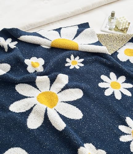 Image of Ultra Soft Cozy Daisy Sunflower Knitted Throw Blanket Fluffy Microfiber Checkerboard Bed Blanket Lightweight Both Sides Blanket for Couch Sofa Bed (Daisy Bule, Baby 30 inchx40 inch)