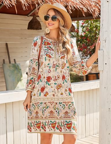 Image of Bluetime Women Casual Summer Dress Boho V Neck 3 /4 Sleeve Babydoll Floral Print Flowy Beach Dress