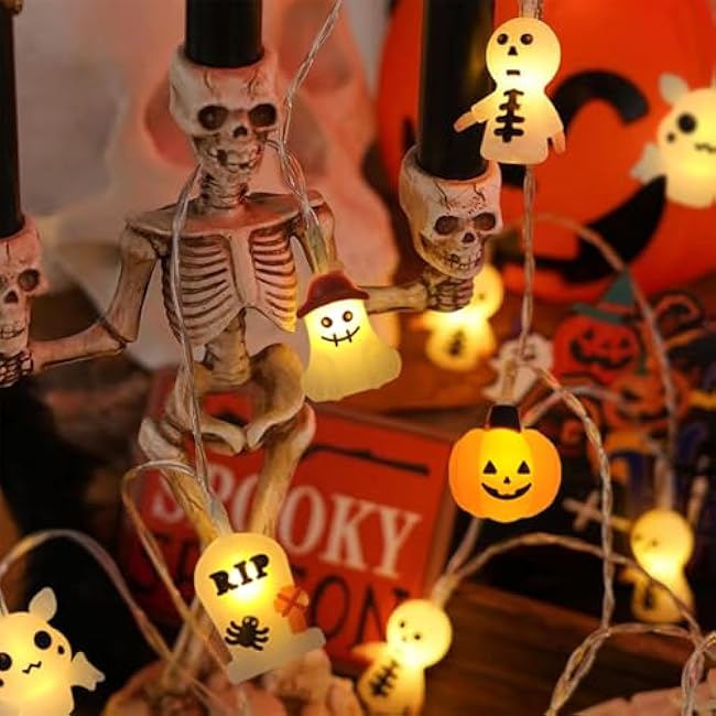 Outdoor Battery Operated Halloween String Lights, 15FT with 30 LED Bat, Tombstone, Pumpkin, Ghost - Timer & Cute Spooky Design for Home Party Porch Decor